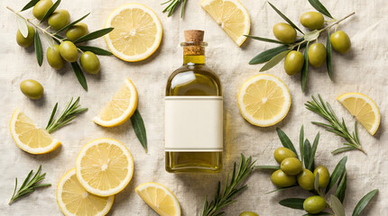 Extra virgin olive oil with fresh lemons, olives, and herbs in a natural, rustic setup.
