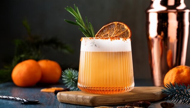 Christmas Cocktail Of Amaretto Sour With Dehydrated Clementine And Rosemary