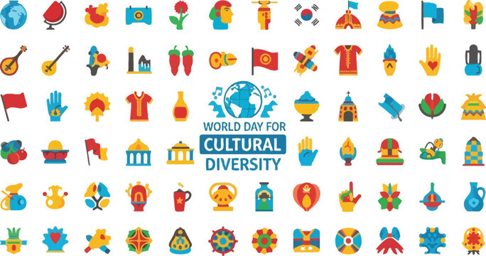 A vibrant collage of global icons celebrates cultural diversity and unity