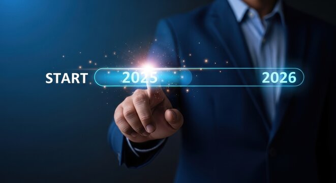Businessman touches digital progress bar starting 2025 ending 2026