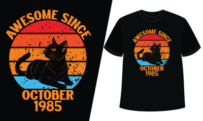 Awesome since october 1985 black cat retro sunset vintage birthday t-shirt design concept
