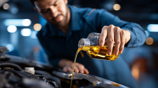 Engine oil pouring, fresh fluid addition, automotive maintenance moment, mechanic performing service, professional care procedure, garage repair activity, faceless hands working, d