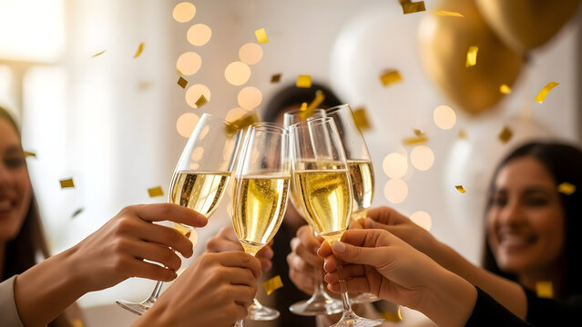 Group of friends toasting with champagne glasses at a festive celebration with falling confetti and balloons. - Powered by Adobe