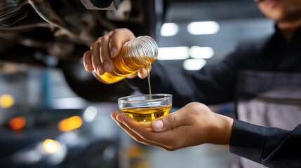 Transmission fluid check, automotive system service, mechanic inspecting level, professional diagnostic procedure, undercarriage work focus, fluid condition assessment, faceless ha
