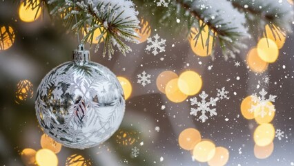 Close up of a silver christmas ornament hanging on a snow dusted evergreen tree with warm bokeh lights and falling snowflakes