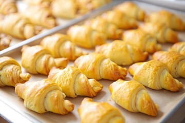 Rows of Golden Baked Croissants on Baking Sheet