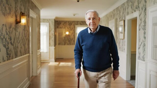 Elderly caucasian man walking with a cane down the hallway of a house or nursing home. Senior citizen with mobility challenges living an independent life. Concept of aging and elder care