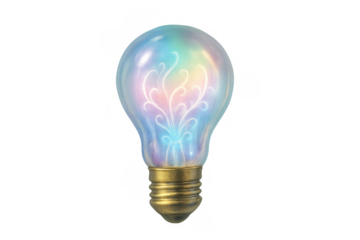 Glowing light bulb creating new ideas with colorful energy and iridescent magic on transparent background