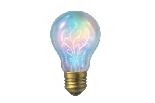 Glowing light bulb creating new ideas with colorful energy and iridescent magic on transparent background