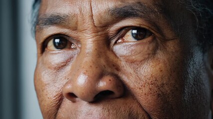 Extreme close up on the weathered face of a senior asian man showing detailed skin texture. A poignant portrait conveying wisdom, life experience, and the aging process