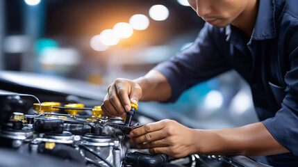 Engine air intake cleaning, automotive breathing system, mechanic servicing component, professional maintenance procedure, engine bay work activity, airflow optimization task, face