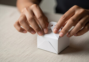 Closeup of hands closing small white cardboard box on table, packaging and branding concept, suitable for product presentation, gift wrapping tutorials, ecommerce materials and small business