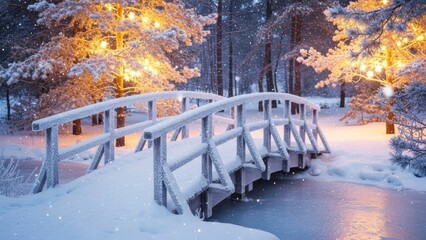 Enchanting snowy wooden bridge covered in icicles with warm festive lights illuminating a winter forest scene