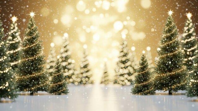 Enchanting winter forest scene with decorated christmas trees and magical golden bokeh lights illuminating falling snow - Powered by Adobe