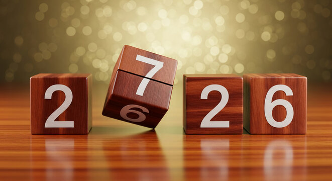 Four wooden blocks displaying the numbers 2, 7, 2, 6. The arrangement signifies a shift from 2026 to 2027, representing future change.