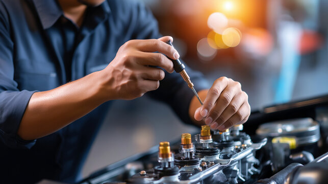 Fuel injector cleaning, automotive fuel system, technician servicing components, professional maintenance procedure, engine bay work focus, delivery system care, faceless hands wor - Powered by Adobe