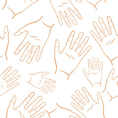 Fototapeta premium Seamless hand-drawn outline pattern featuring various open hand gestures in a simple, minimalist style