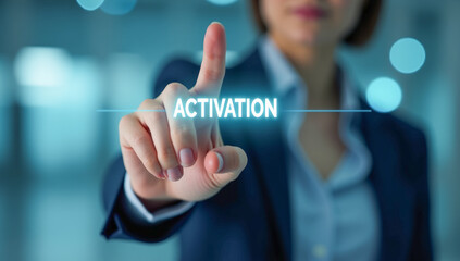 hand presses the virtual activation button, close-up