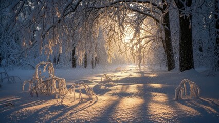 Magical winter forest path illuminated by golden sunlight filtering through icy branches and snow covered ground