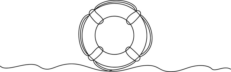 Continuous line art drawing of a lifebuoy floating on wavy water, symbolizing safety, rescue, support, maritime security, and assistance concept Vector, illustration