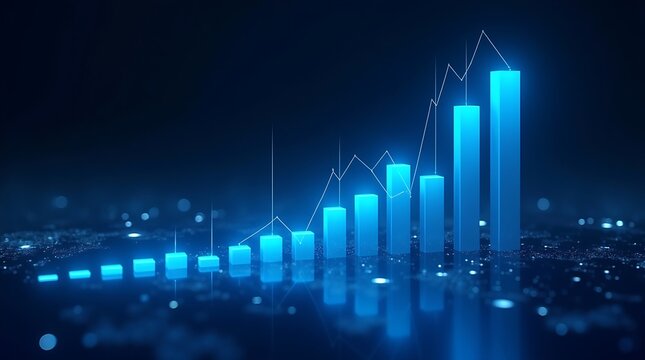 Glowing blue bar chart and line graph on a reflective surface showing financial growth and success. - Powered by Adobe