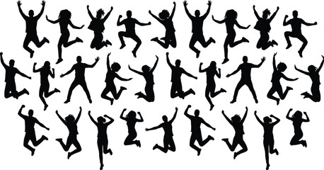 Large set of energetic male and female silhouettes jumping with joy, expressing concepts of success, freedom, celebration, victory, and collective happiness or excitement.