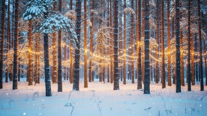 Magical winter forest scene with glowing warm lights illuminating snow covered pine trees at dusk