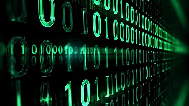 Glowing green binary code raining down a dark digital screen in a seamless 3D animation, illustrating cybersecurity and big data flow.