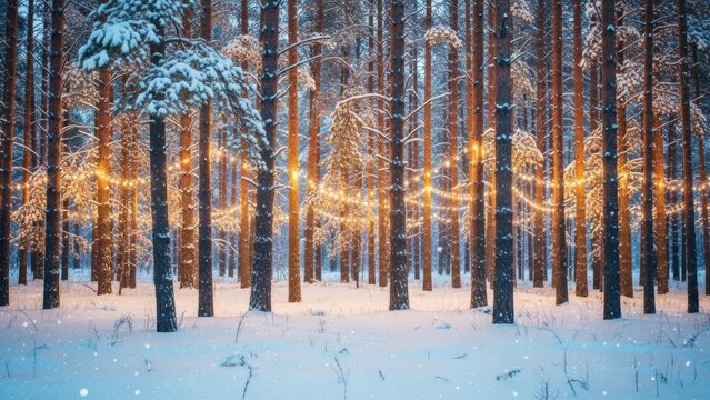Magical winter forest scene with glowing warm lights illuminating snow covered pine trees at dusk