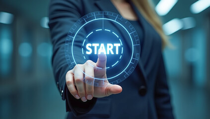 hand presses the virtual start button, close-up