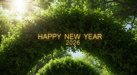 View through lush green foliage with glowing text "Happy New Year 2026", representing fresh start, growth, and optimism for the upcoming year