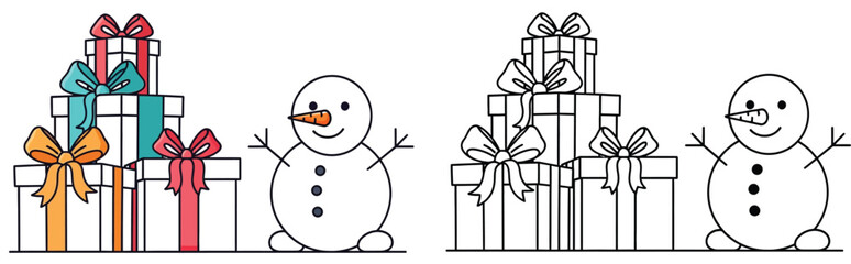 Christmas gift boxes stack and cute snowman vector illustration set in color and black and white outline design suitable for coloring book page, holiday icon, and seasonal decoration