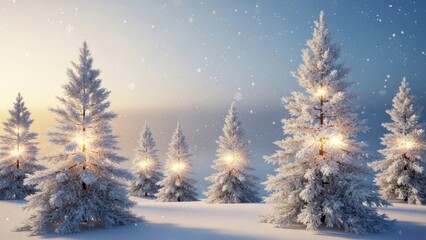 Magical winter forest scene with snow covered pine trees illuminated by soft warm lights and falling snowflakes