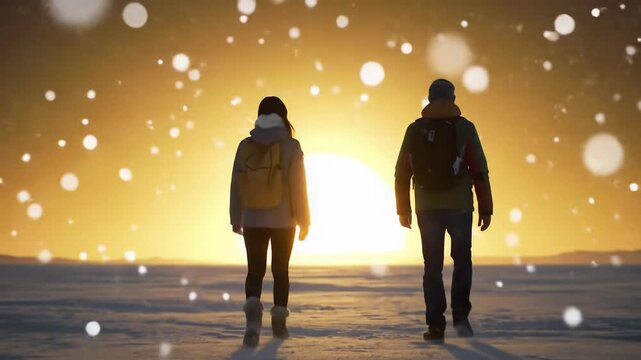 Silhouetted figures in jackets, backpacks, walk on snowy plain towards colossal golden sun, ice particles. Inspirational journey concept