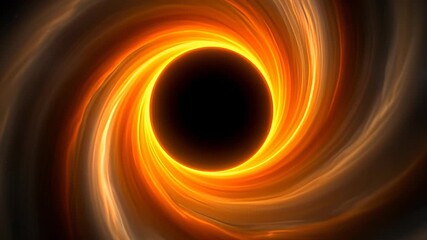 Massive black hole with a glowing orange accretion disk swirling around the event horizon in a cinematic 3D animation, illustrating deep space astronomy concepts.