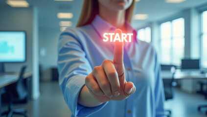 hand presses the virtual start button, close-up