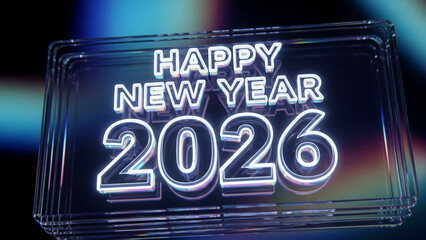 Happy New Year 2026 3D Glass Text with Iridescent Reflection and Abstract Cool Tone Background