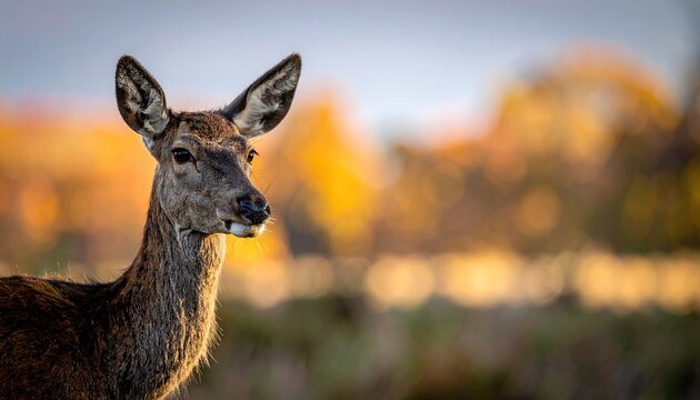 Close Up Portrait of a Deer with Water Droplets on Fur at Golden Hour in Nature with Soft Bokeh Background