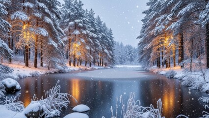 Magical winter wonderland scene with snow covered trees lining a calm river reflecting warm lights
