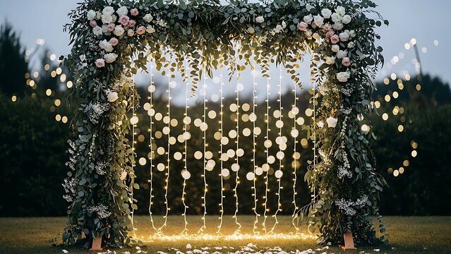 Enchanting floral wedding archway with dreamy string lights creates a magical outdoor celebration, perfect for romantic events and garden parties