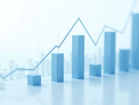 Blue bar chart with an ascending line graph representing financial growth and data analysis.