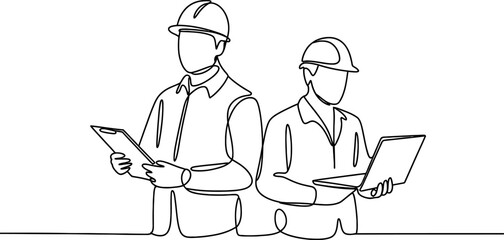 Continuous line drawing of two engineers in hard hats, one holding a tablet and the other a laptop, representing construction teamwork and planning. Vector, illustration