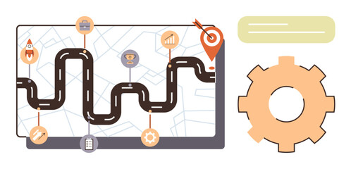 Curved road with milestones marking goals, map background, target pin, and gear. Ideal for planning, strategy, goal setting, timelines navigation development project goals. Simple flat metaphor