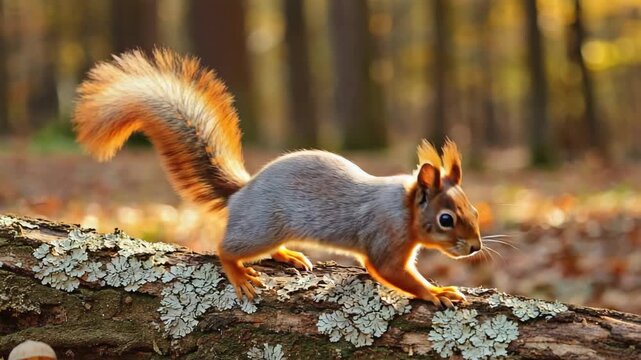 Sequence of a cute red squirrel moving along a fallen log in a beautiful autumn forest with golden light. Panoramic wildlife banner showing animal behavior in a natural habitat