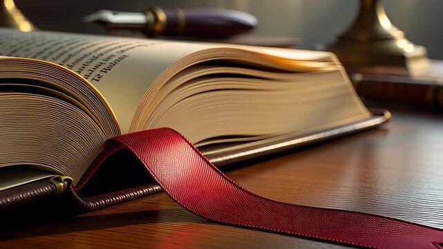 Elegant red satin ribbon bookmark lying on an open vintage book page under warm light, symbolizing knowledge and classic literature concepts.