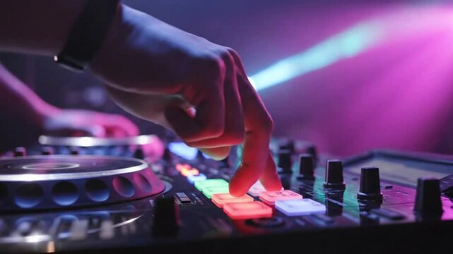 DJ hand presses colorful pads on mixing controller in dark club