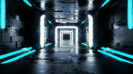 A static, symmetrical wide video of a dark, futuristic high-tech corridor, obsidian-like, leading to a pulsating square portal with blue neon lights and reflections. Sci-fi abstract space environment - Powered by Adobe