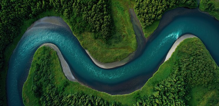 Serpentine River's Embrace: An aerial perspective unveils a turquoise river winding gracefully through lush green forests, its sinuous curves and rich hues.