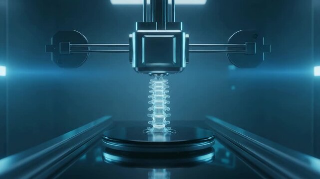 Futuristic lab with 3d bioprinter creating organic spinal cord form under blue light, showing innovation and 3d printer, printing process