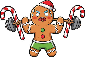 Obraz premium A gingerbread man wearing a santa hat lifting candy cane weights with a strained expression on his face